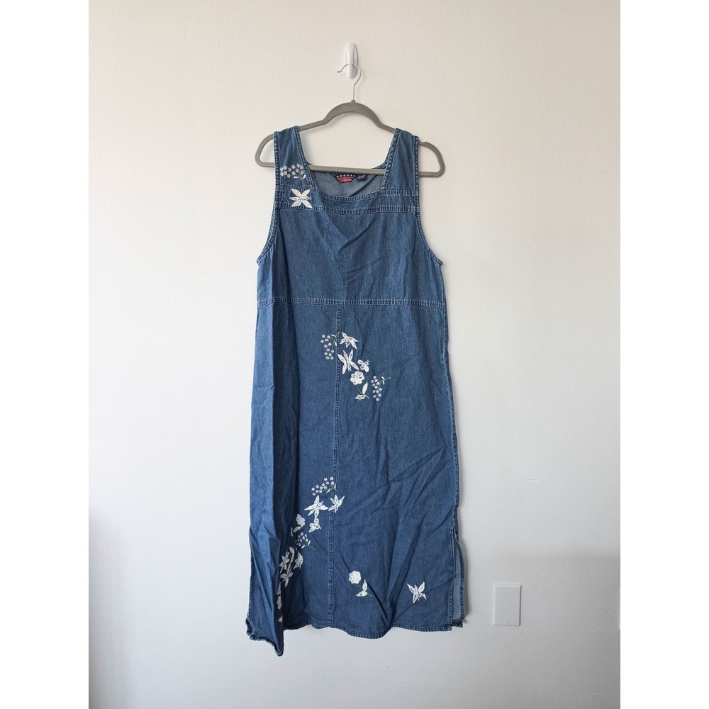 Vintage G-Lazy Denim Jumper Dress Medium Wash Floral Butterfly Embroidery M